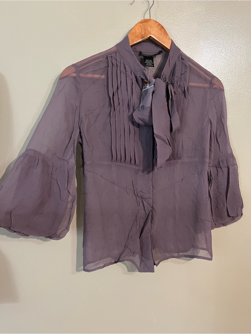 Sheer Tie-Neck Blouse in Lavender 100% Silk Y2K Preppy  2NWT